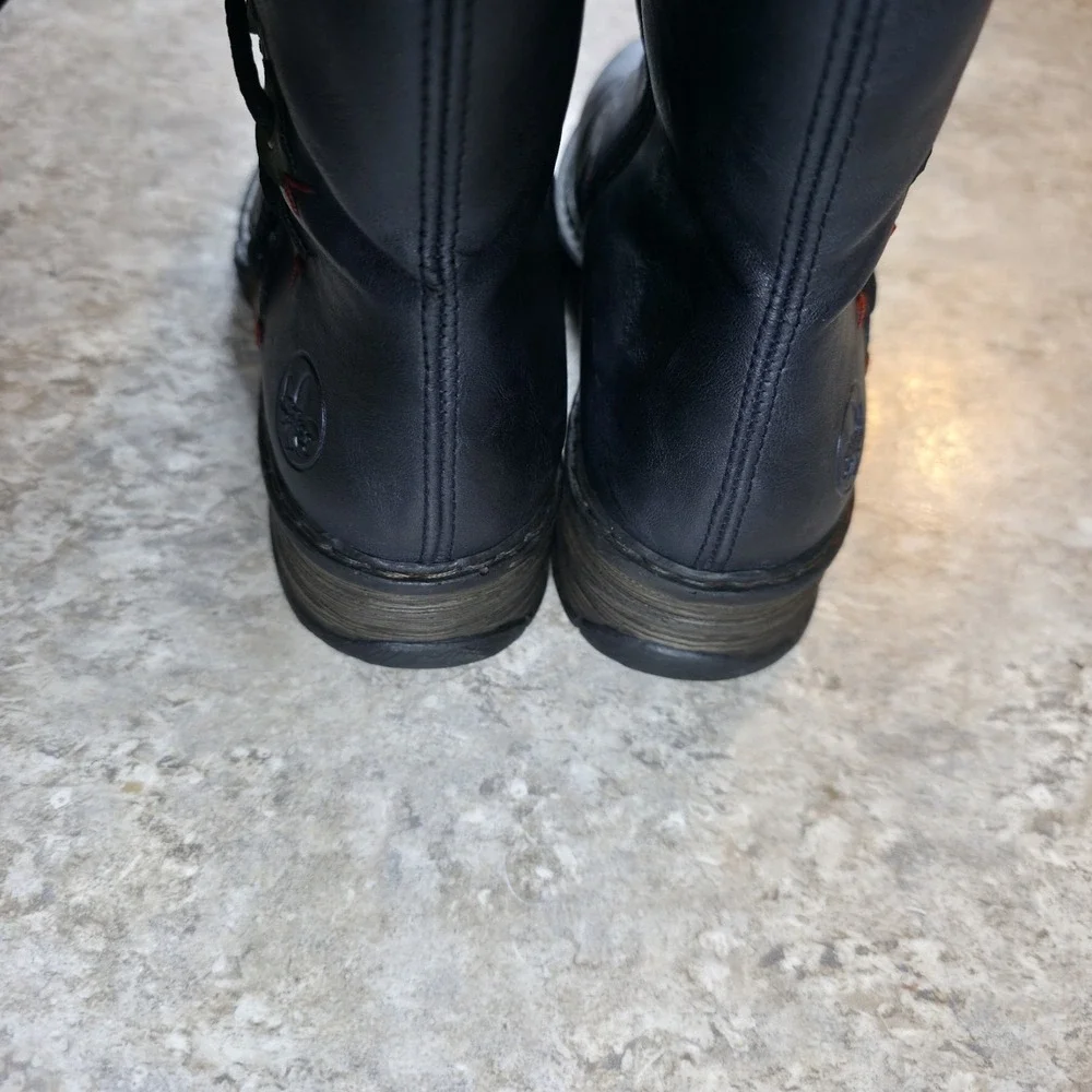 Rieker Navy Leather Moto Ankle Boots Black Red‎ Comfort Sole Size 38 / 7.5 - 8